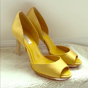 BCBG Gold Open-Toed Satin Pumps